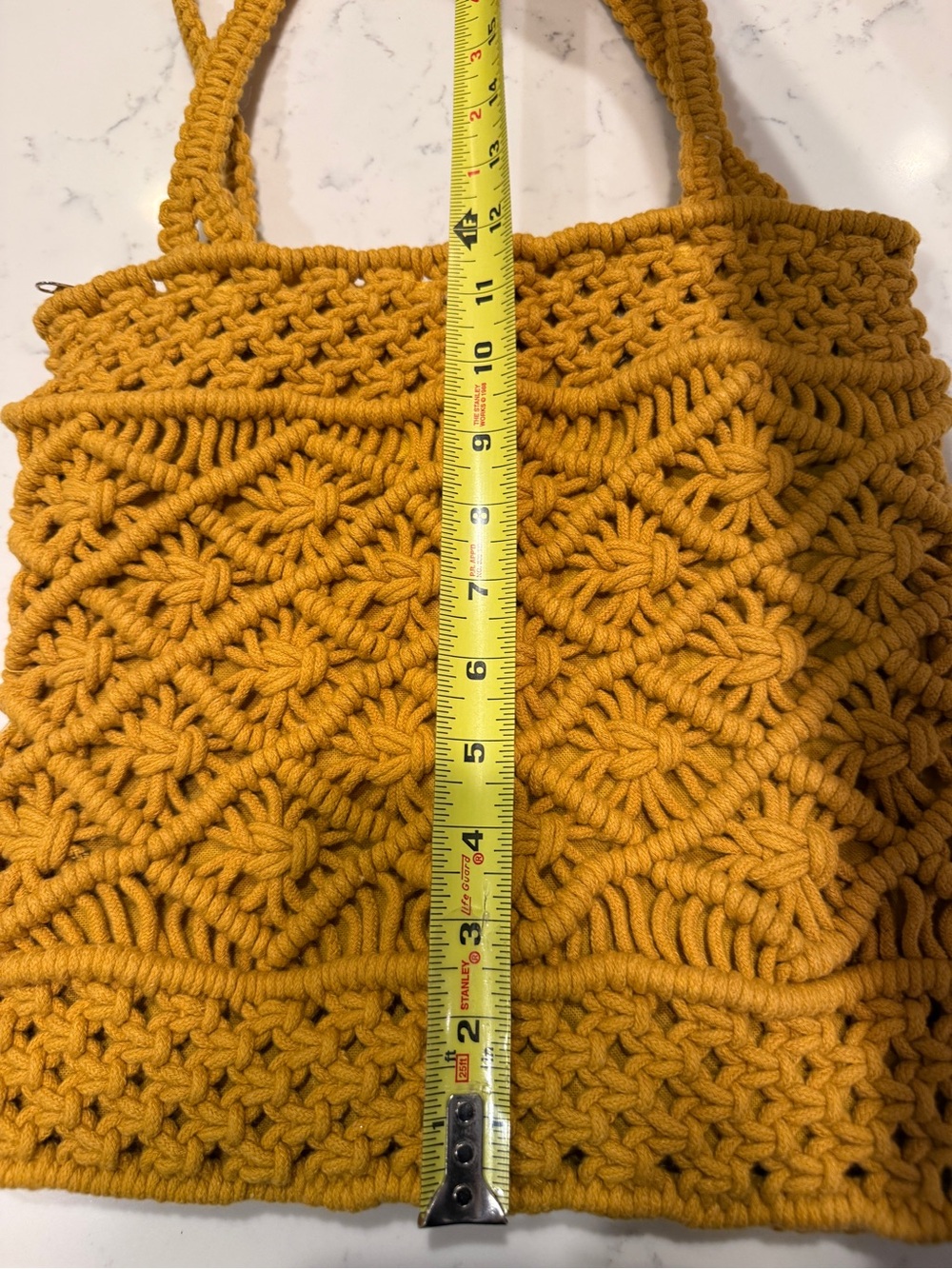 Handmade Macramé Tote Bag Mustard Boho Woven Shoulder Purse Zip Top Lined - Picture 9 of 10